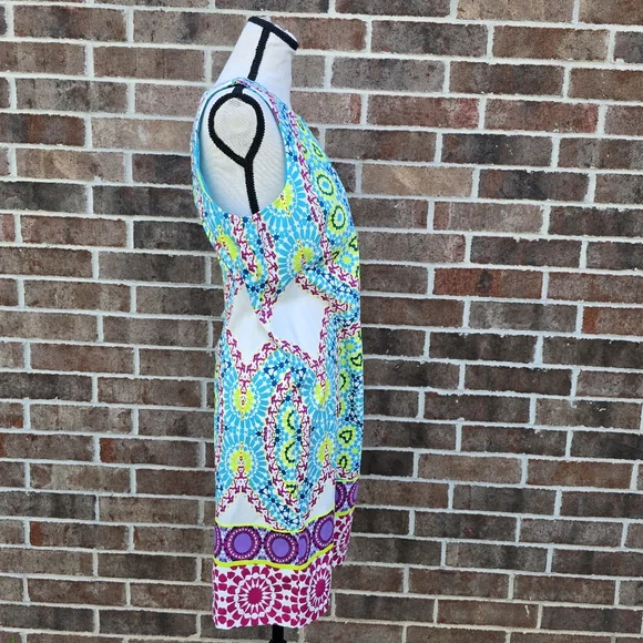 London Style Colorful Geometric Print Dress Size 12 Sleeveless Midi Summer Dress - Picture 6 of 11